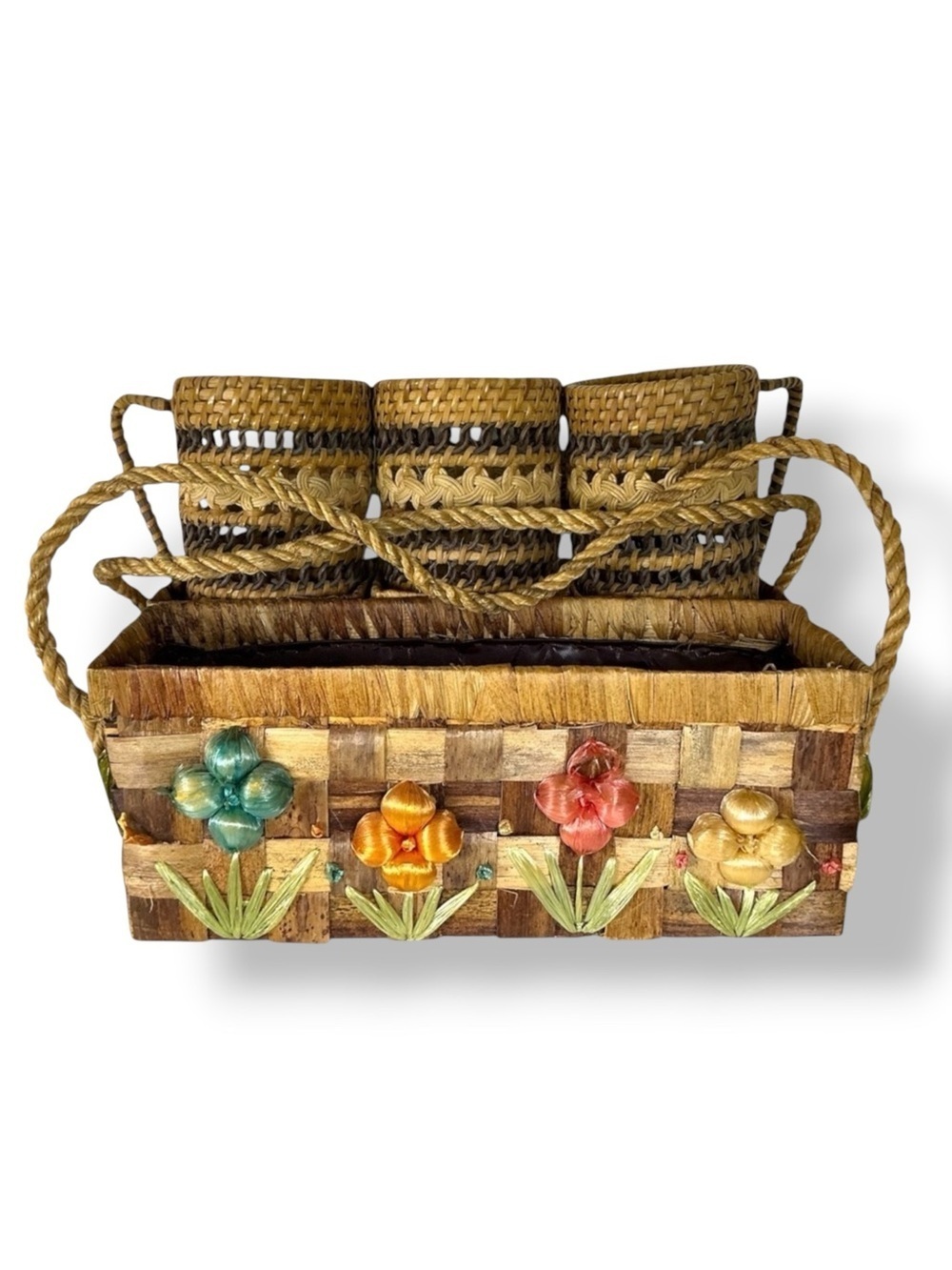 Vintage Handcrafted Caddy Basket Organizer Containers Raffia Daisy 1960’s 4 Pc